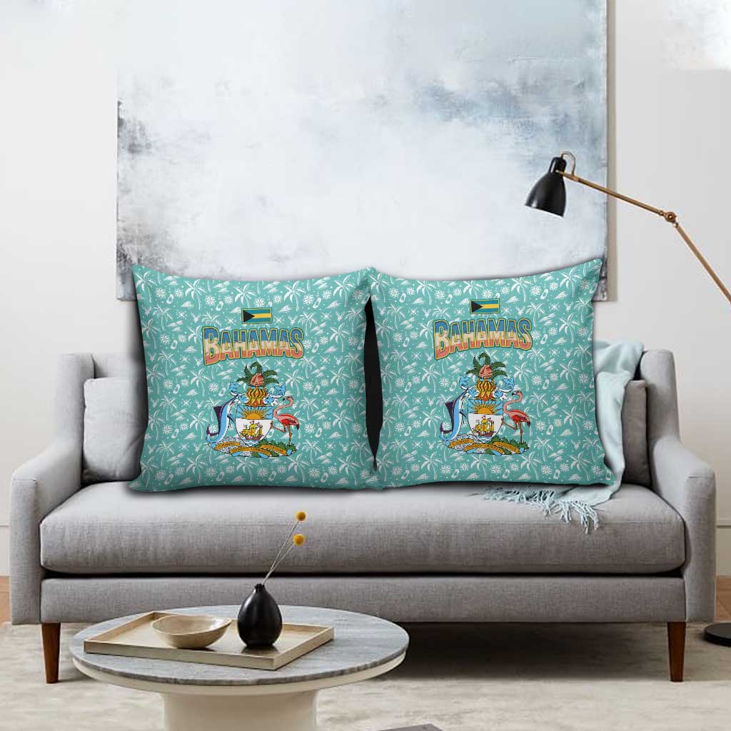 Bahamas Christmas Pillow Cover with Teal Palm Pattern Carnival Santa and National Emblem Motif - Wonder Print Shop