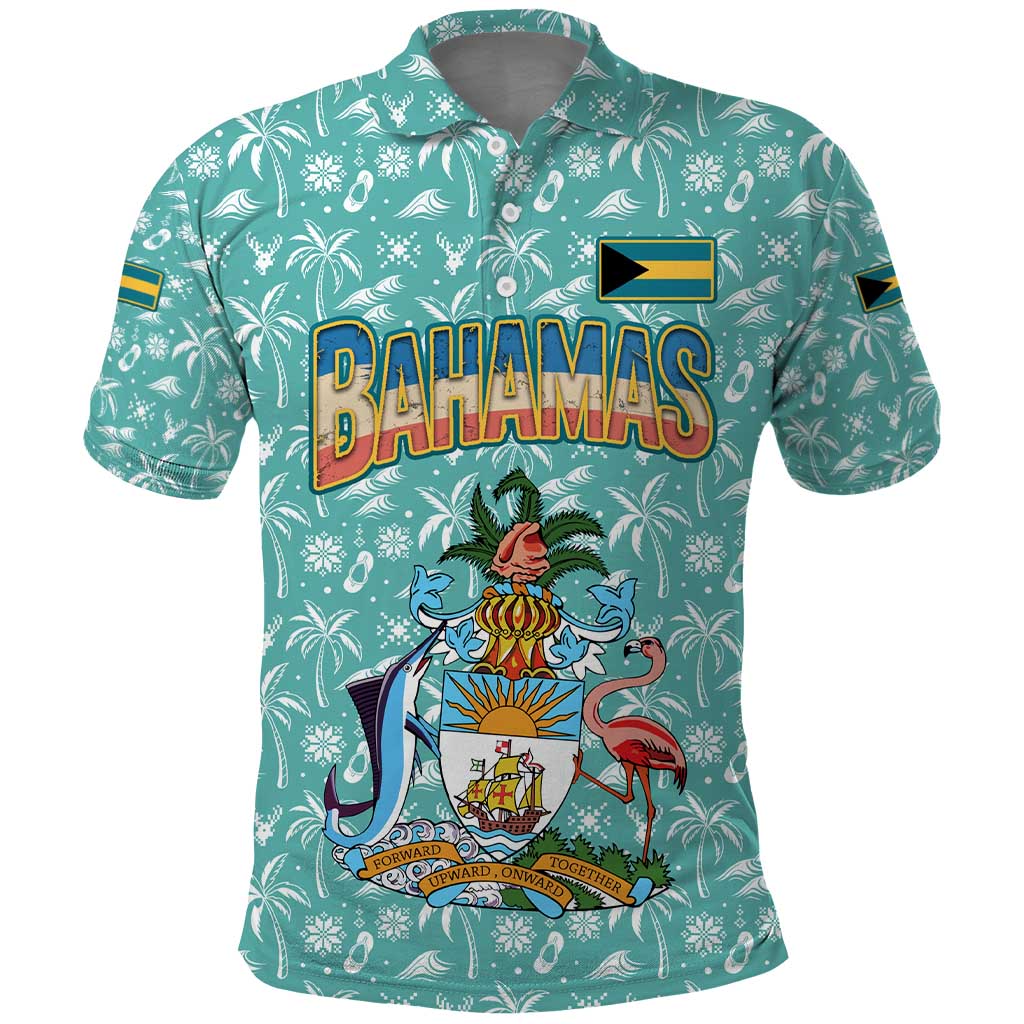 Bahamas Christmas Polo Shirt with Teal Palm Pattern Carnival Santa and National Emblem Motif - Wonder Print Shop