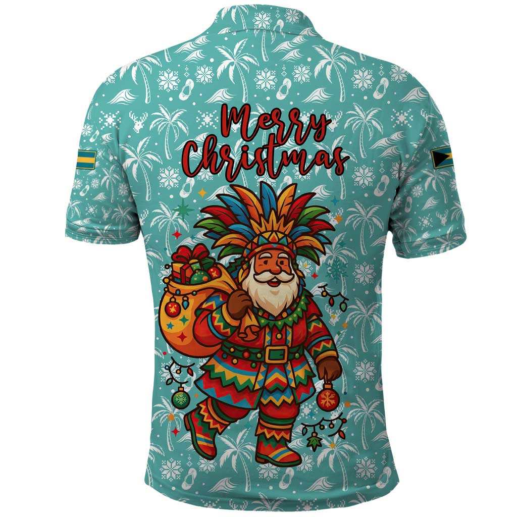 Bahamas Christmas Polo Shirt with Teal Palm Pattern Carnival Santa and National Emblem Motif - Wonder Print Shop