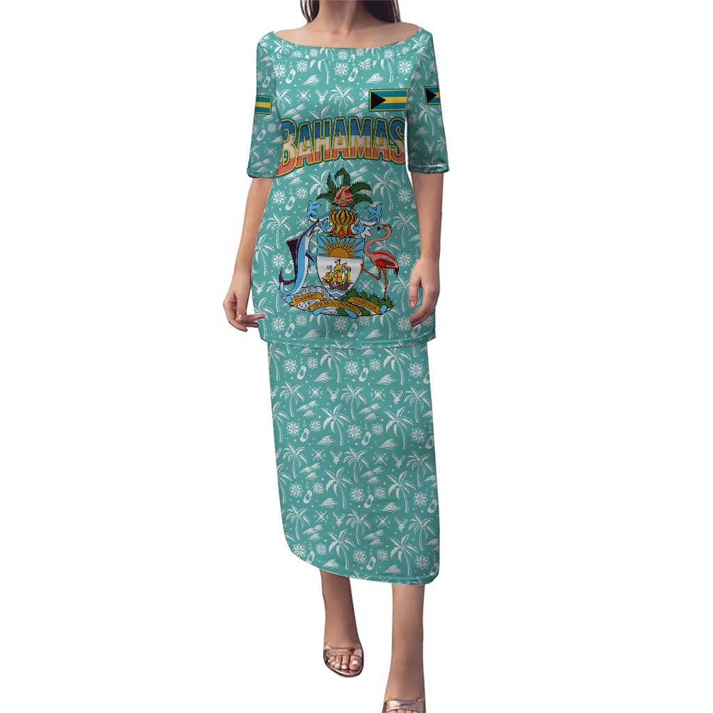 Bahamas Christmas Puletasi with Teal Palm Pattern Carnival Santa and National Emblem Motif - Wonder Print Shop