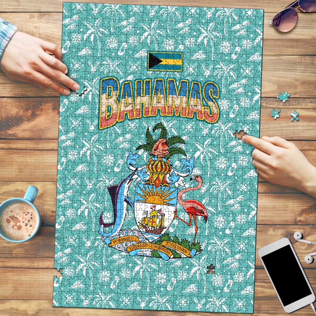 Bahamas Christmas Puzzle with Teal Palm Pattern Carnival Santa and National Emblem Motif - Wonder Print Shop