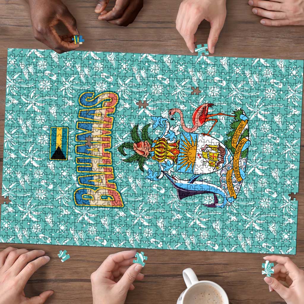 Bahamas Christmas Puzzle with Teal Palm Pattern Carnival Santa and National Emblem Motif - Wonder Print Shop