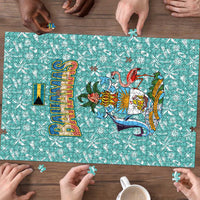 Bahamas Christmas Puzzle with Teal Palm Pattern Carnival Santa and National Emblem Motif - Wonder Print Shop