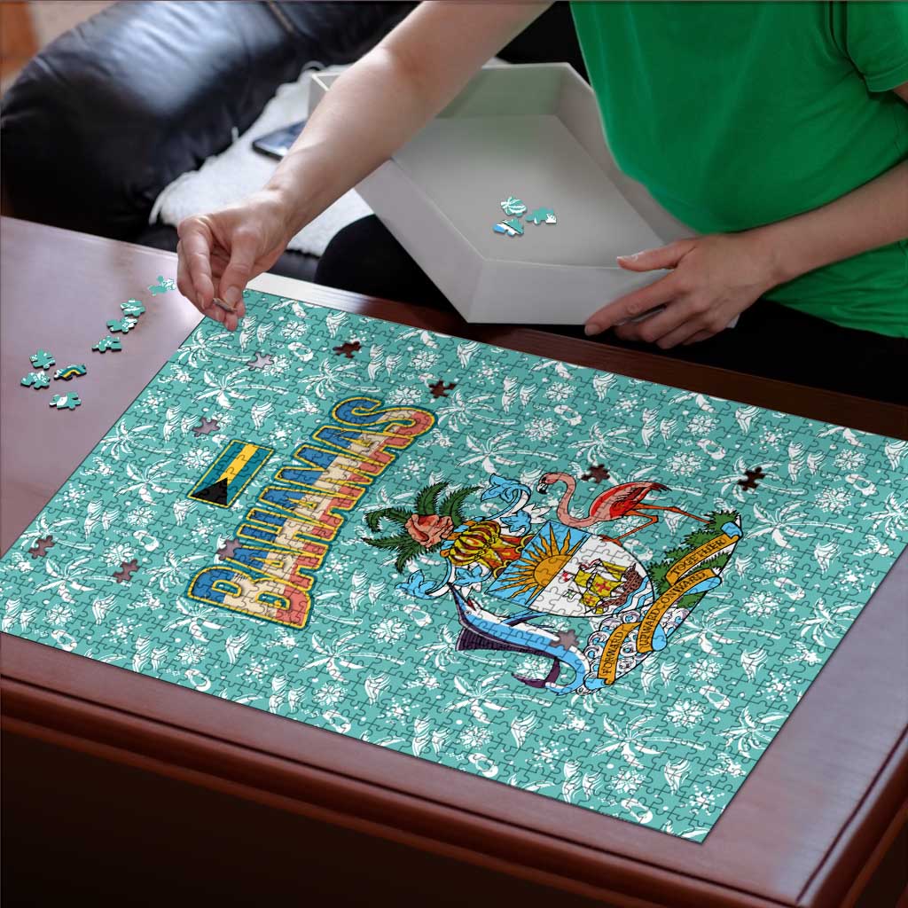 Bahamas Christmas Puzzle with Teal Palm Pattern Carnival Santa and National Emblem Motif - Wonder Print Shop