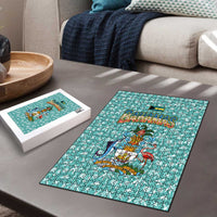 Bahamas Christmas Puzzle with Teal Palm Pattern Carnival Santa and National Emblem Motif - Wonder Print Shop