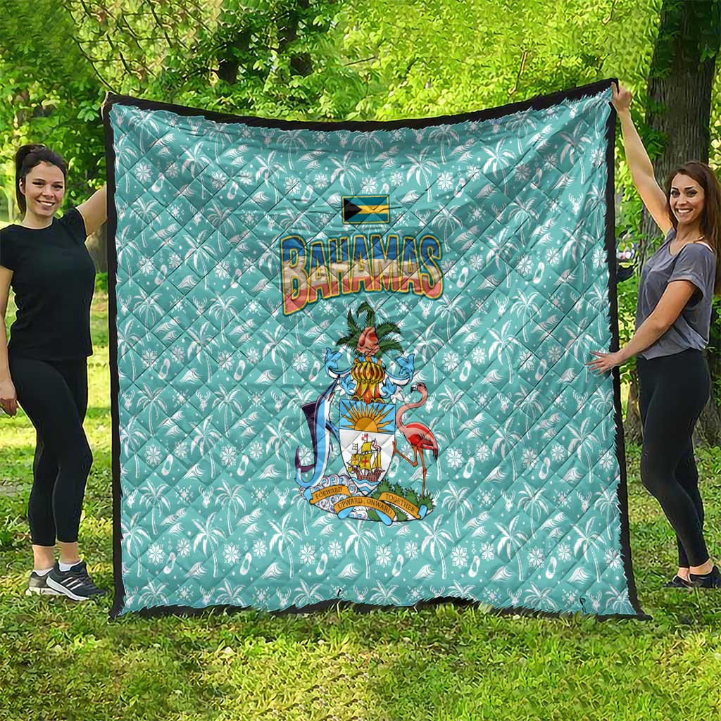 Bahamas Christmas Quilt with Teal Palm Pattern Carnival Santa and National Emblem Motif - Wonder Print Shop