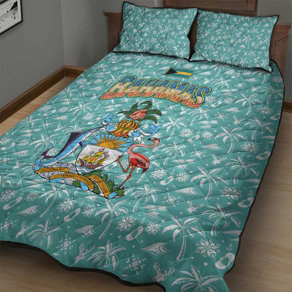 Bahamas Christmas Quilt Bed Set with Teal Palm Pattern Carnival Santa and National Emblem Motif - Wonder Print Shop