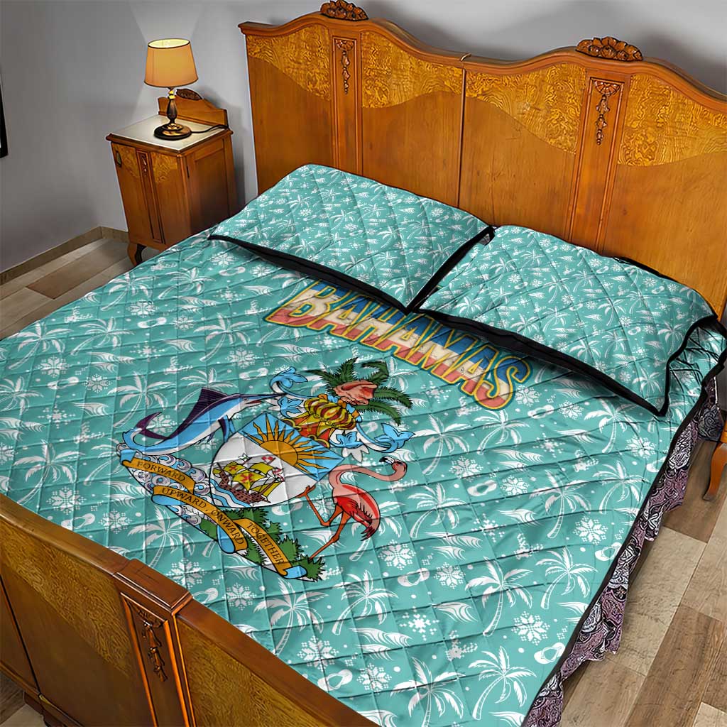 Bahamas Christmas Quilt Bed Set with Teal Palm Pattern Carnival Santa and National Emblem Motif - Wonder Print Shop