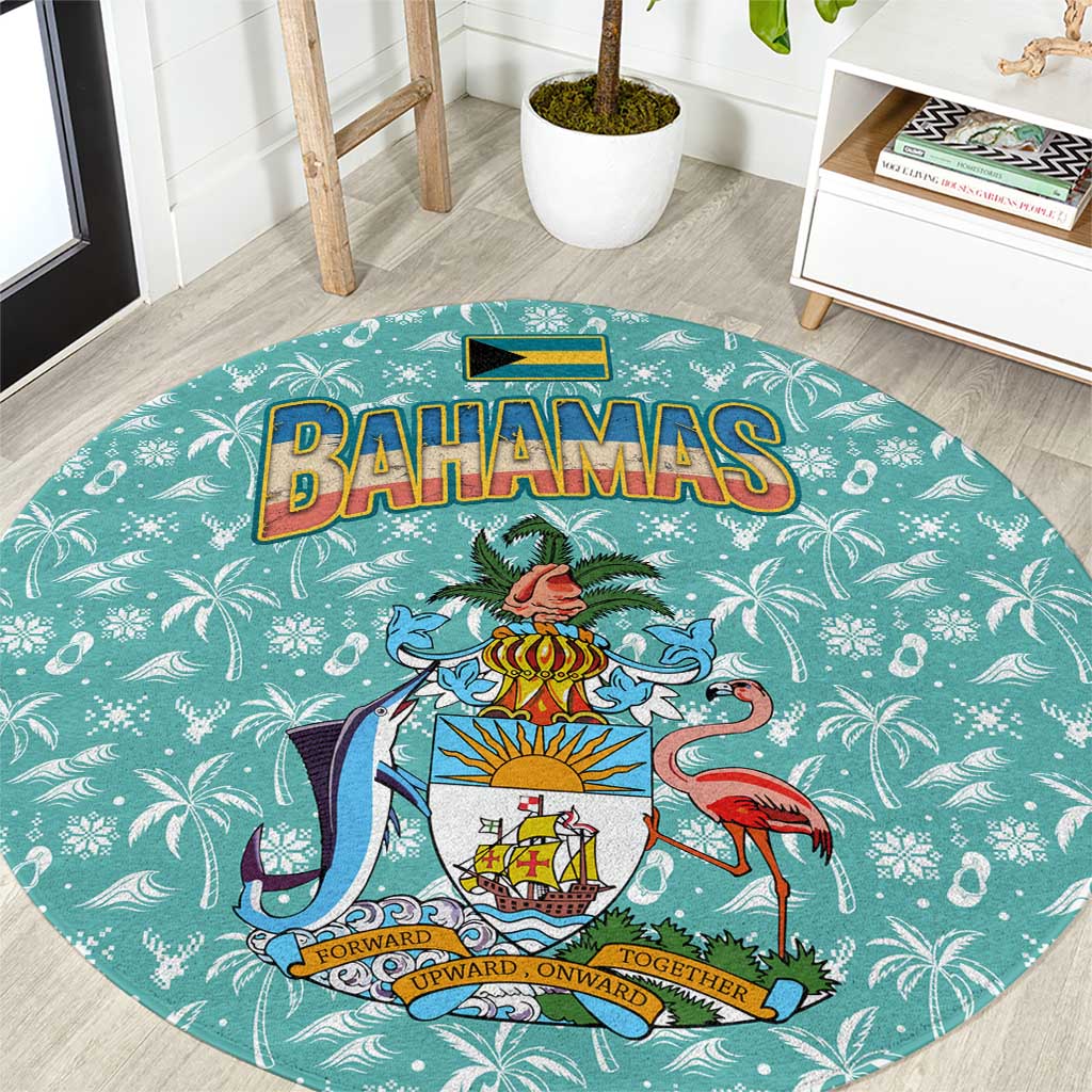 Bahamas Christmas Round Carpet with Teal Palm Pattern Carnival Santa and National Emblem Motif - Wonder Print Shop