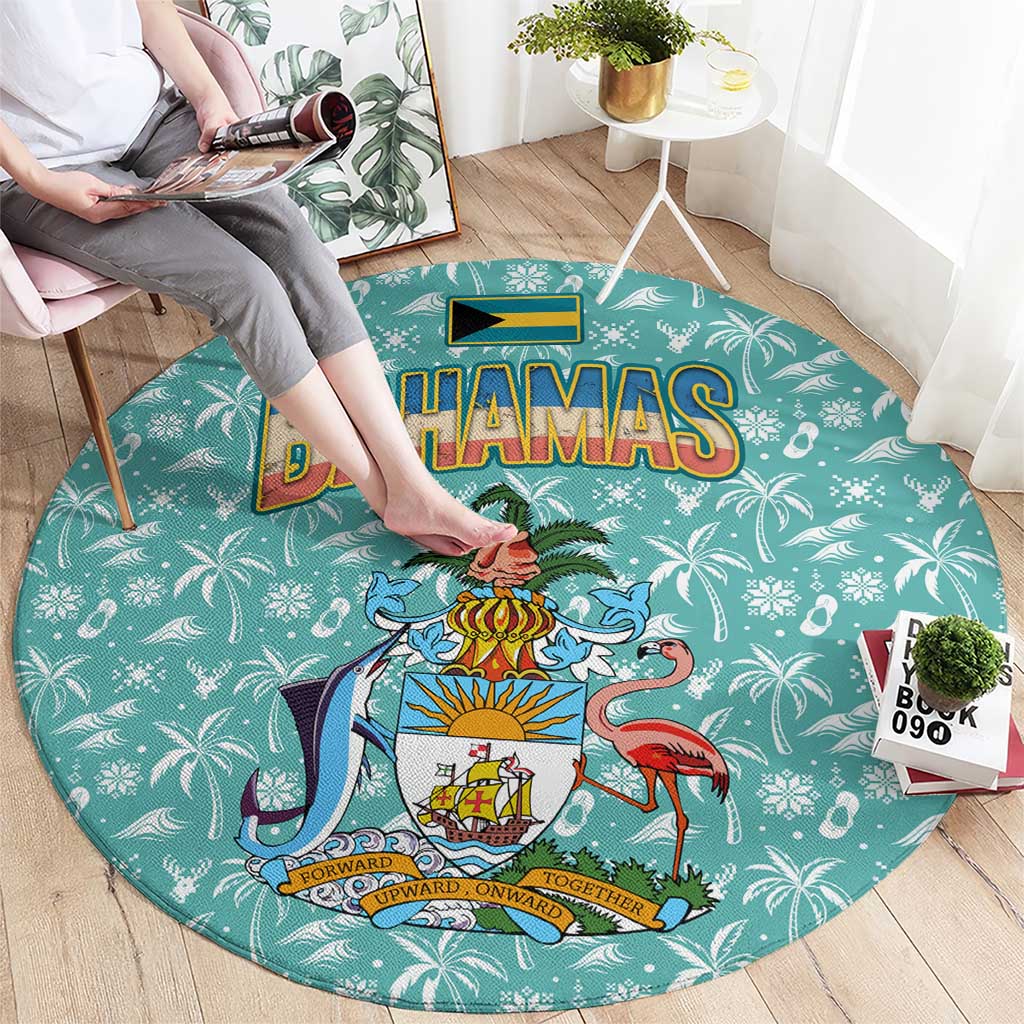 Bahamas Christmas Round Carpet with Teal Palm Pattern Carnival Santa and National Emblem Motif - Wonder Print Shop