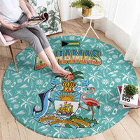 Bahamas Christmas Round Carpet with Teal Palm Pattern Carnival Santa and National Emblem Motif - Wonder Print Shop