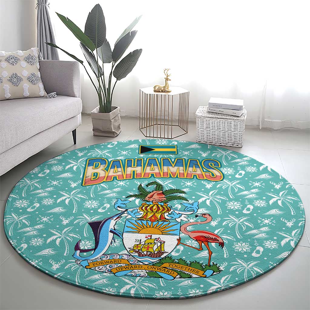 Bahamas Christmas Round Carpet with Teal Palm Pattern Carnival Santa and National Emblem Motif - Wonder Print Shop