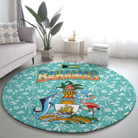 Bahamas Christmas Round Carpet with Teal Palm Pattern Carnival Santa and National Emblem Motif - Wonder Print Shop