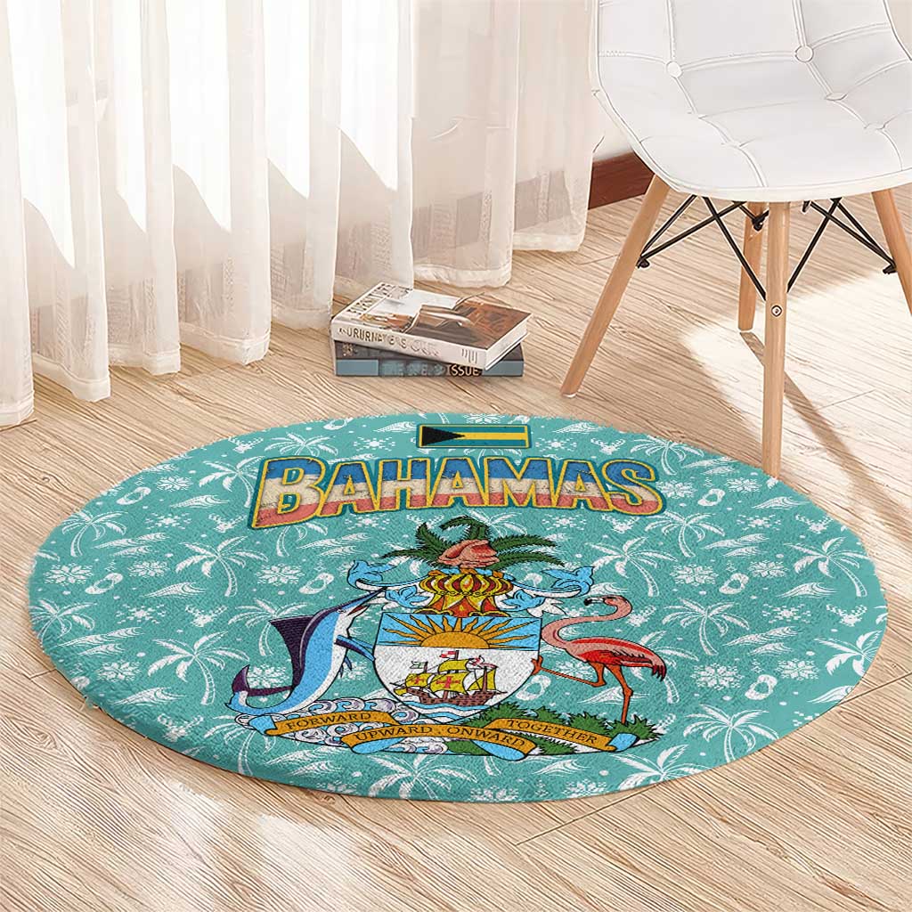 Bahamas Christmas Round Carpet with Teal Palm Pattern Carnival Santa and National Emblem Motif - Wonder Print Shop