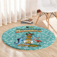 Bahamas Christmas Round Carpet with Teal Palm Pattern Carnival Santa and National Emblem Motif - Wonder Print Shop
