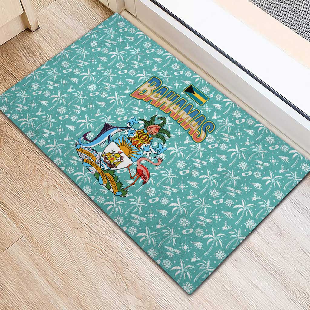 Bahamas Christmas Rubber Doormat with Teal Palm Pattern Carnival Santa and National Emblem Motif - Wonder Print Shop
