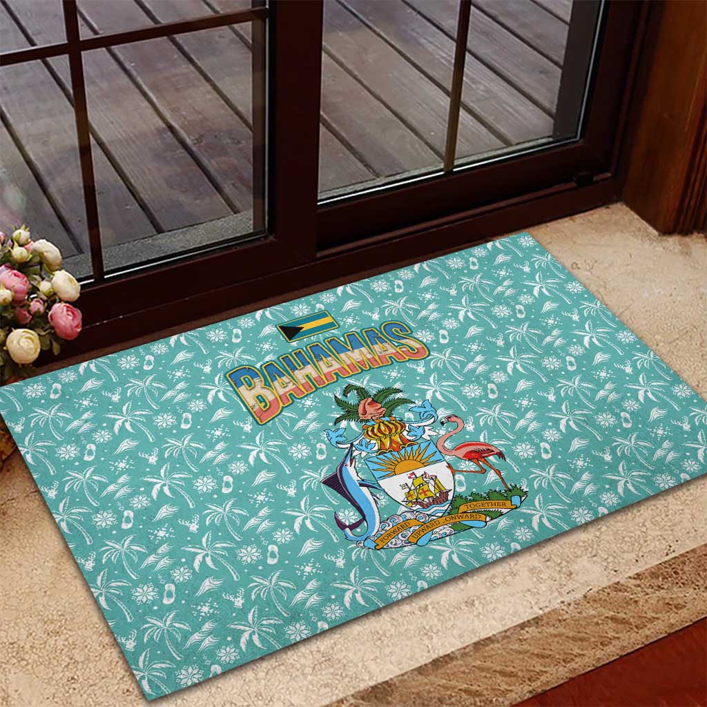 Bahamas Christmas Rubber Doormat with Teal Palm Pattern Carnival Santa and National Emblem Motif - Wonder Print Shop