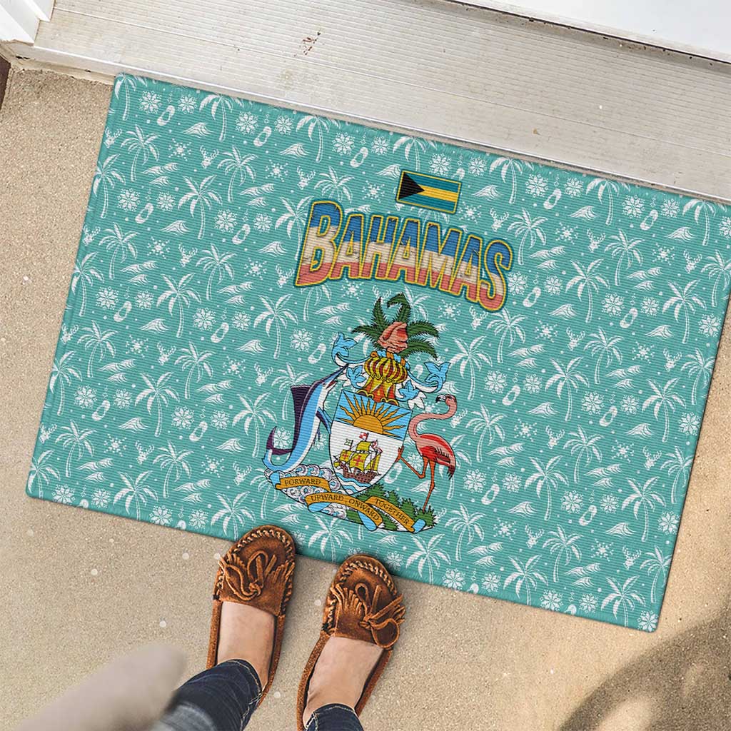 Bahamas Christmas Rubber Doormat with Teal Palm Pattern Carnival Santa and National Emblem Motif - Wonder Print Shop