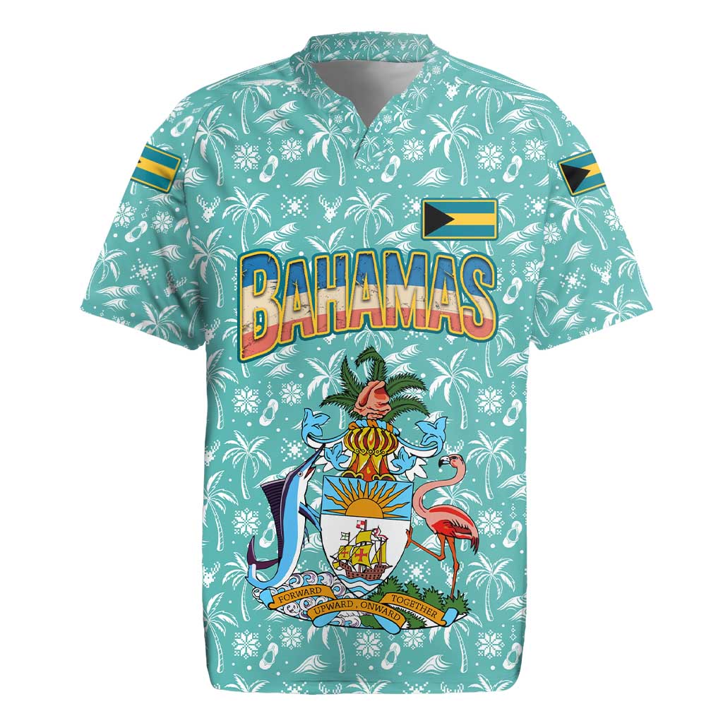 Bahamas Christmas Rugby Jersey with Teal Palm Pattern Carnival Santa and National Emblem Motif - Wonder Print Shop