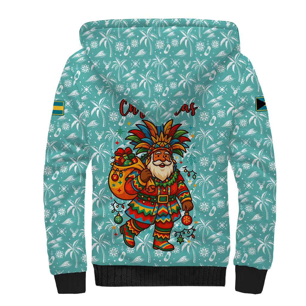 Bahamas Christmas Sherpa Hoodie with Teal Palm Pattern Carnival Santa and National Emblem Motif - Wonder Print Shop