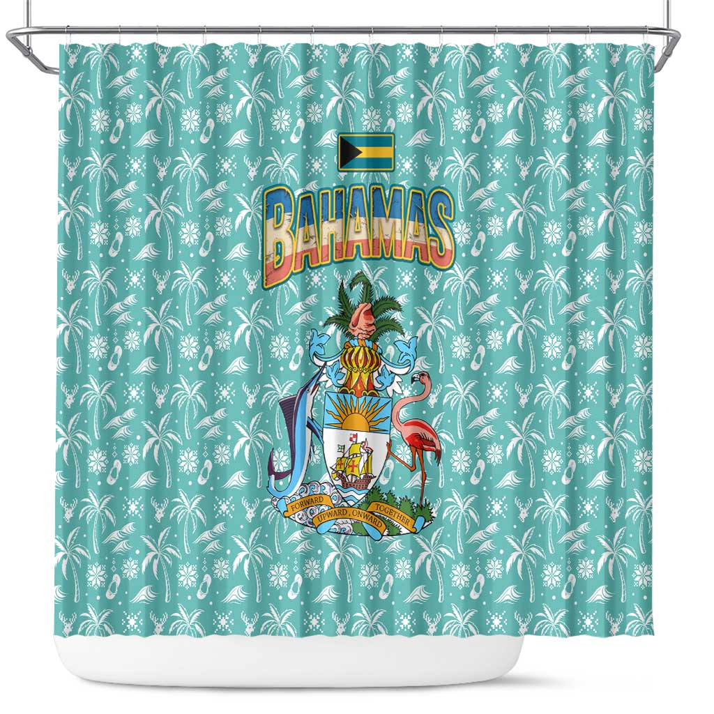 Bahamas Christmas Shower Curtain with Teal Palm Pattern Carnival Santa and National Emblem Motif - Wonder Print Shop