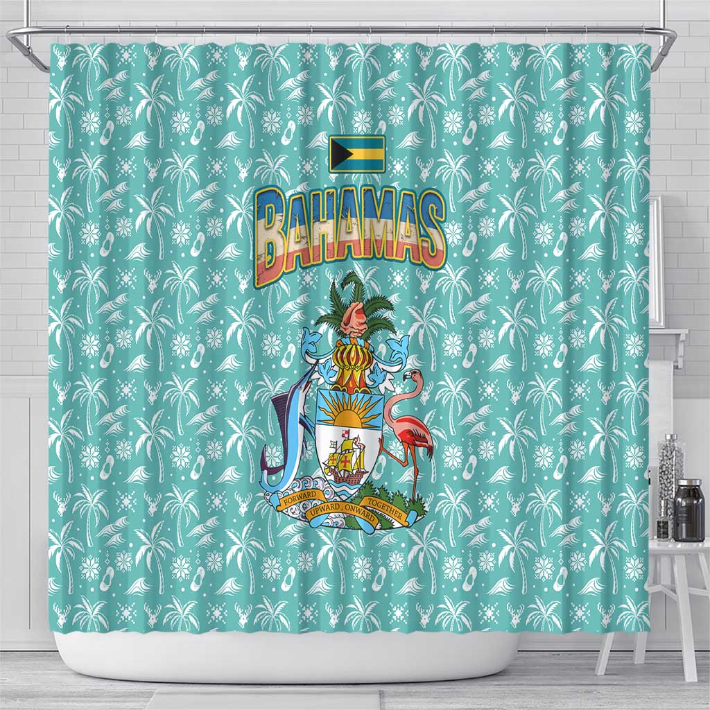 Bahamas Christmas Shower Curtain with Teal Palm Pattern Carnival Santa and National Emblem Motif - Wonder Print Shop