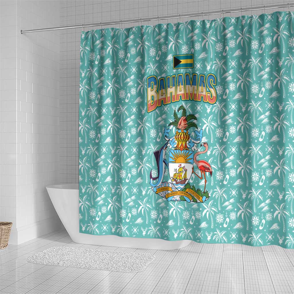 Bahamas Christmas Shower Curtain with Teal Palm Pattern Carnival Santa and National Emblem Motif - Wonder Print Shop