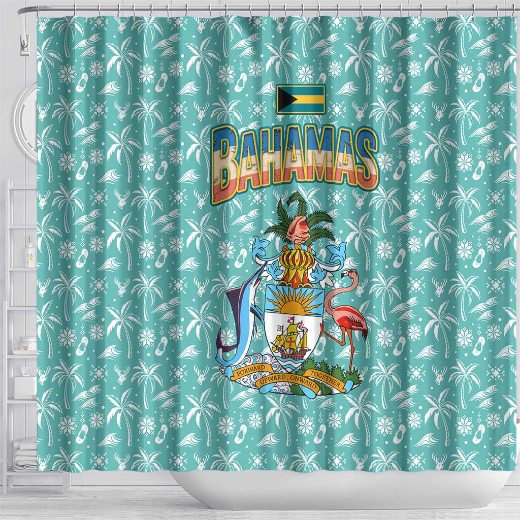 Bahamas Christmas Shower Curtain with Teal Palm Pattern Carnival Santa and National Emblem Motif - Wonder Print Shop