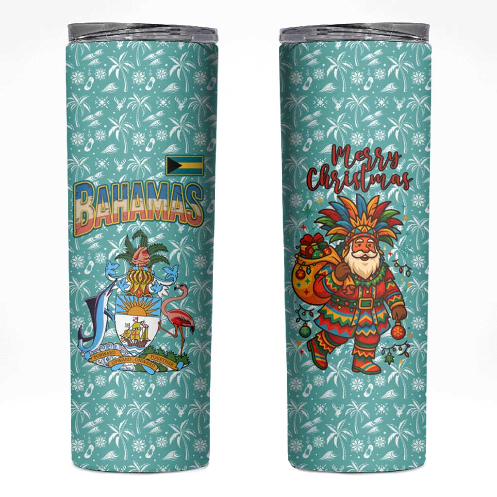 Bahamas Christmas Skinny Tumbler with Teal Palm Pattern Carnival Santa and National Emblem Motif - Wonder Print Shop