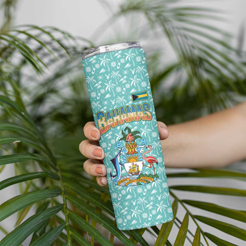 Bahamas Christmas Skinny Tumbler with Teal Palm Pattern Carnival Santa and National Emblem Motif - Wonder Print Shop