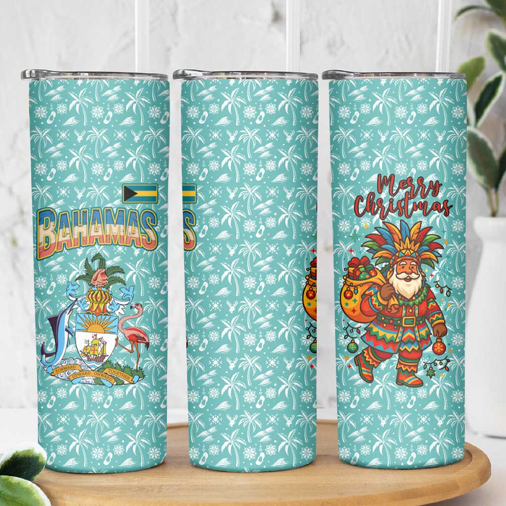 Bahamas Christmas Skinny Tumbler with Teal Palm Pattern Carnival Santa and National Emblem Motif - Wonder Print Shop