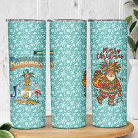 Bahamas Christmas Skinny Tumbler with Teal Palm Pattern Carnival Santa and National Emblem Motif - Wonder Print Shop