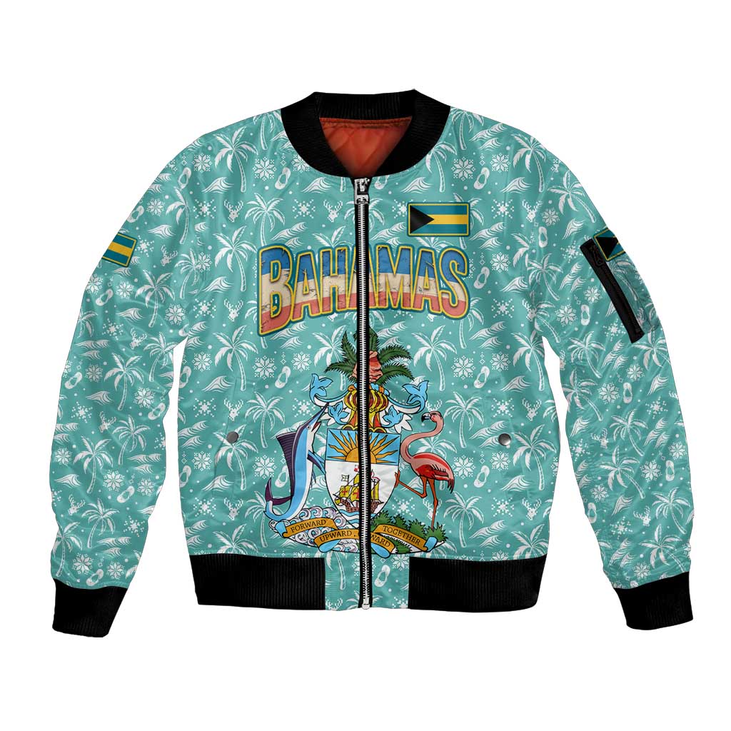 Bahamas Christmas Sleeve Zip Bomber Jacket with Teal Palm Pattern Carnival Santa and National Emblem Motif - Wonder Print Shop