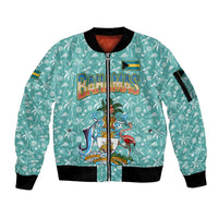 Bahamas Christmas Sleeve Zip Bomber Jacket with Teal Palm Pattern Carnival Santa and National Emblem Motif - Wonder Print Shop
