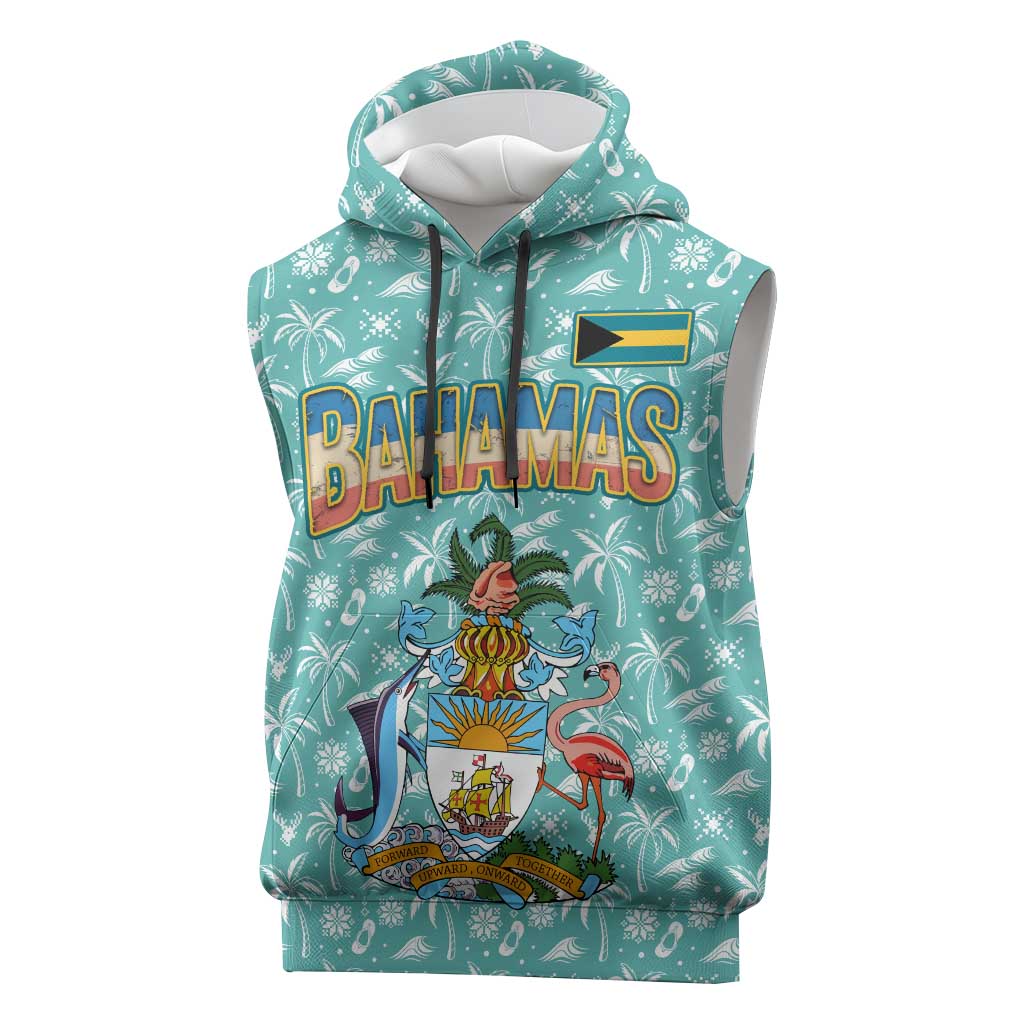 Bahamas Christmas Sleeveless Hoodie with Teal Palm Pattern Carnival Santa and National Emblem Motif - Wonder Print Shop