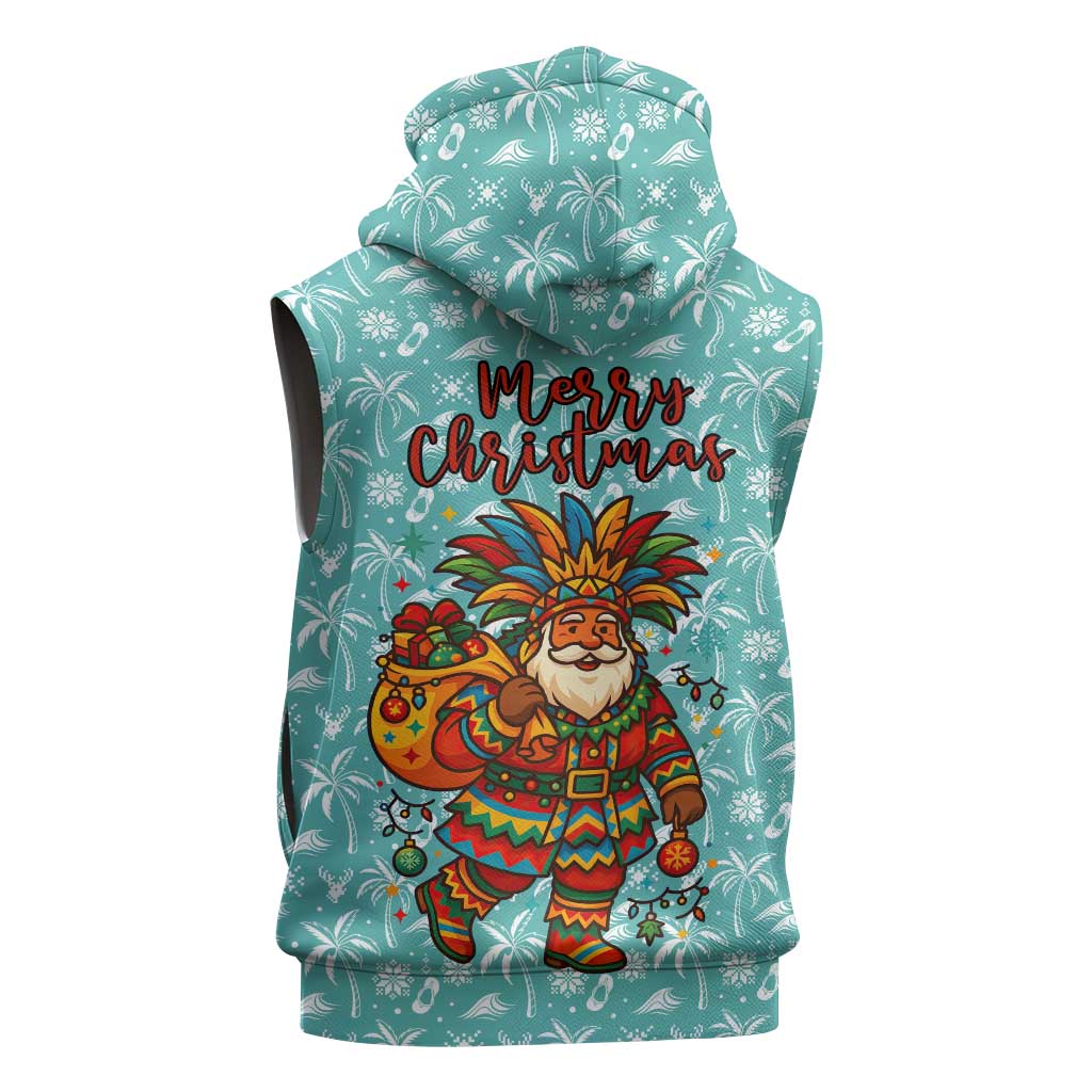 Bahamas Christmas Sleeveless Hoodie with Teal Palm Pattern Carnival Santa and National Emblem Motif - Wonder Print Shop
