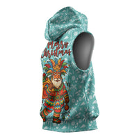 Bahamas Christmas Sleeveless Hoodie with Teal Palm Pattern Carnival Santa and National Emblem Motif - Wonder Print Shop
