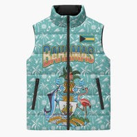 Bahamas Christmas Sleeveless Puffer Jacket with Teal Palm Pattern Carnival Santa and National Emblem Motif - Wonder Print Shop