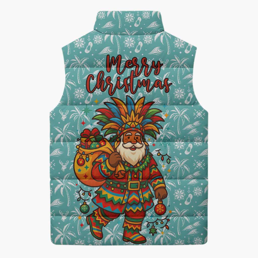 Bahamas Christmas Sleeveless Puffer Jacket with Teal Palm Pattern Carnival Santa and National Emblem Motif - Wonder Print Shop