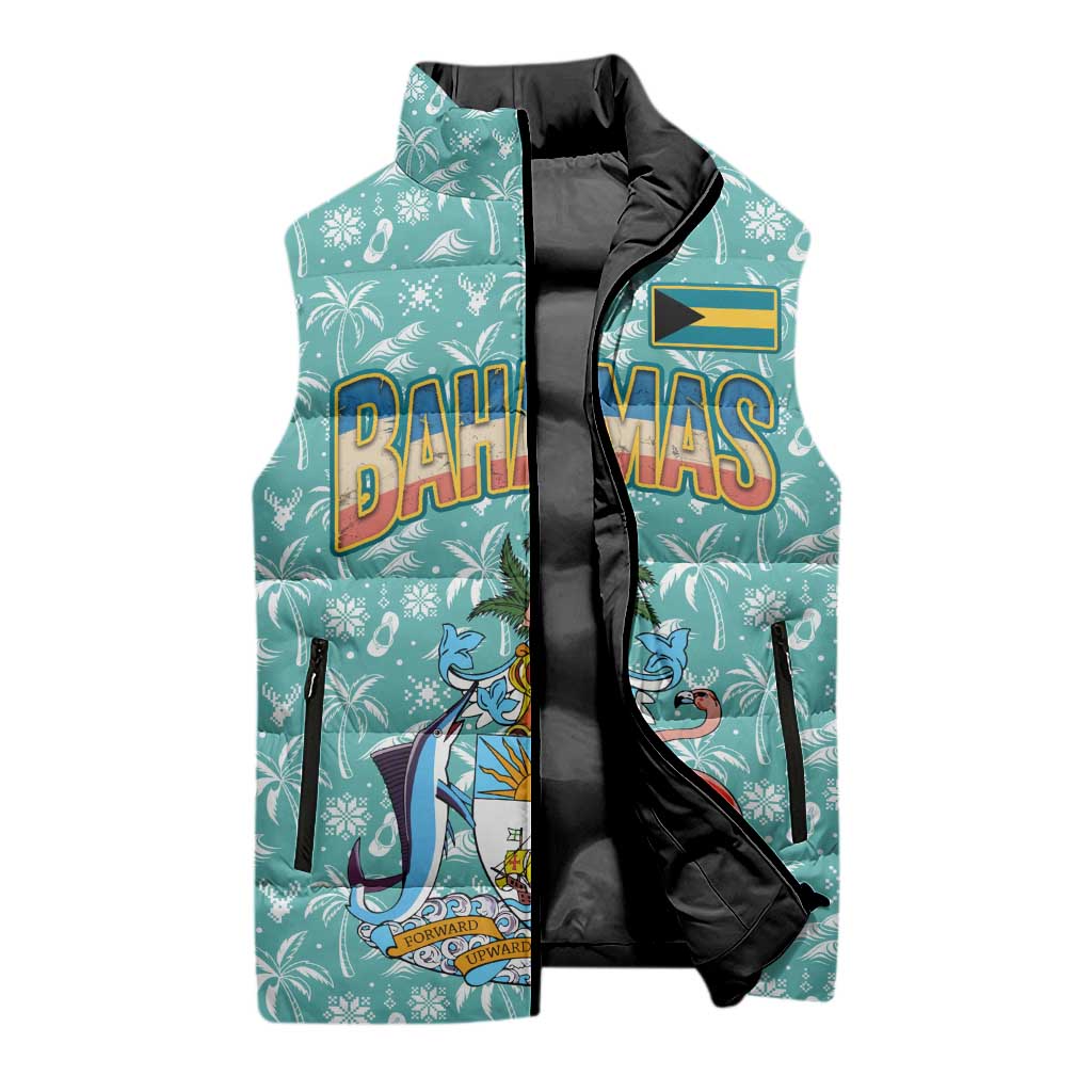 Bahamas Christmas Sleeveless Puffer Jacket with Teal Palm Pattern Carnival Santa and National Emblem Motif - Wonder Print Shop