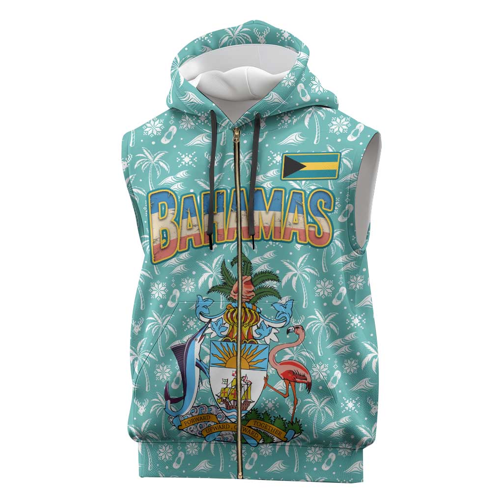 Bahamas Christmas Sleeveless Zip Hoodie with Teal Palm Pattern Carnival Santa and National Emblem Motif - Wonder Print Shop