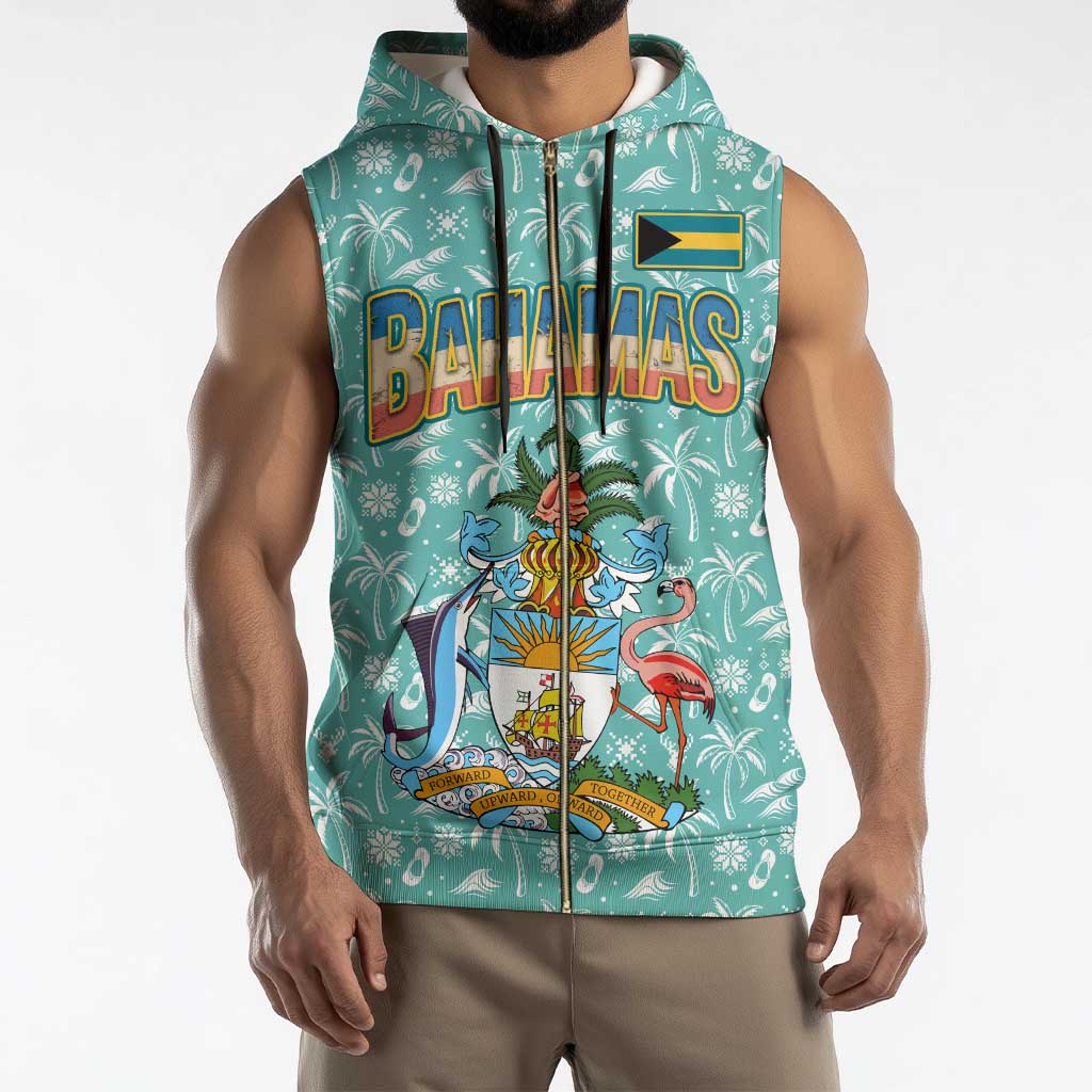 Bahamas Christmas Sleeveless Zip Hoodie with Teal Palm Pattern Carnival Santa and National Emblem Motif - Wonder Print Shop