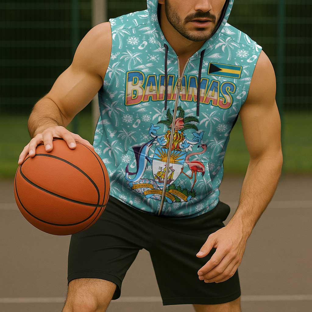 Bahamas Christmas Sleeveless Zip Hoodie with Teal Palm Pattern Carnival Santa and National Emblem Motif - Wonder Print Shop