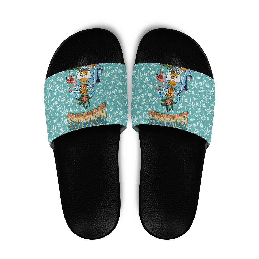 Bahamas Christmas Slide Sandals with Teal Palm Pattern Carnival Santa and National Emblem Motif - Wonder Print Shop
