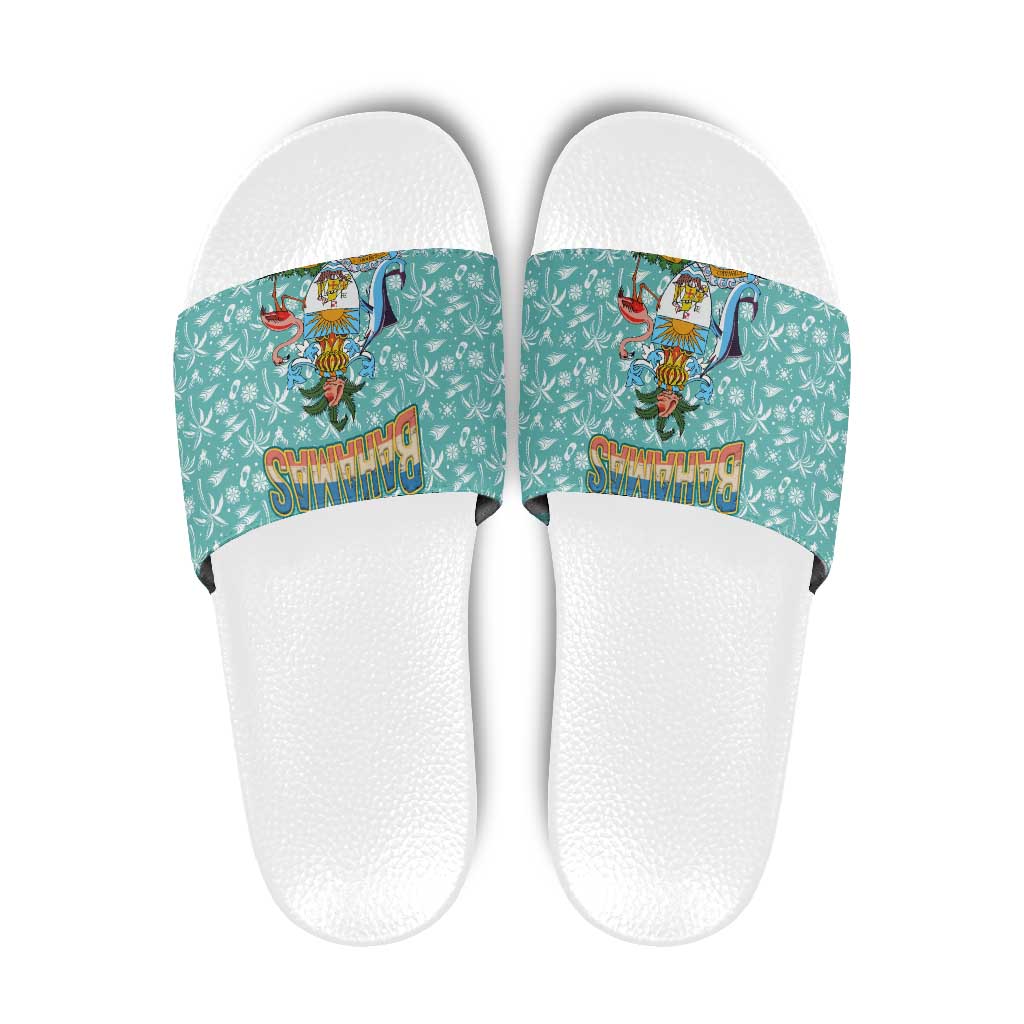 Bahamas Christmas Slide Sandals with Teal Palm Pattern Carnival Santa and National Emblem Motif - Wonder Print Shop