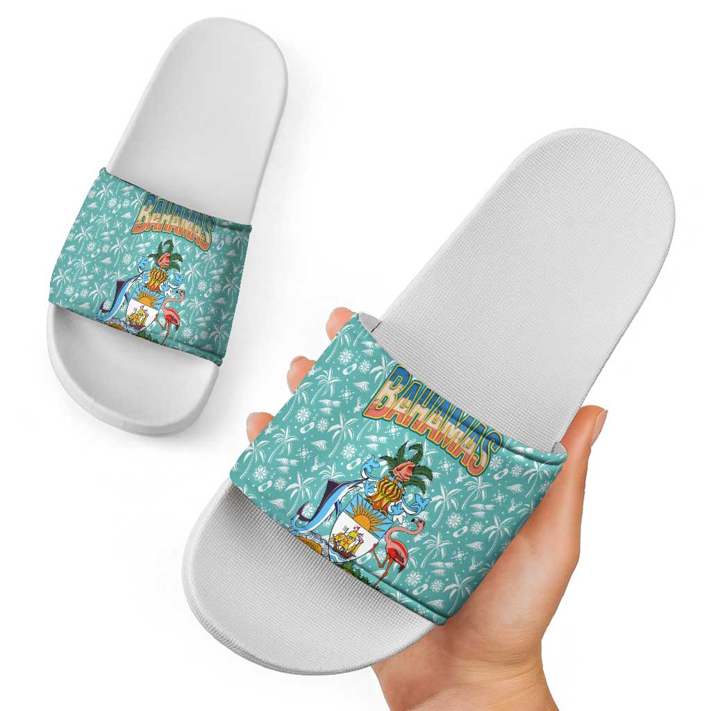 Bahamas Christmas Slide Sandals with Teal Palm Pattern Carnival Santa and National Emblem Motif - Wonder Print Shop