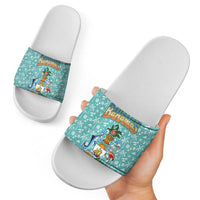 Bahamas Christmas Slide Sandals with Teal Palm Pattern Carnival Santa and National Emblem Motif - Wonder Print Shop
