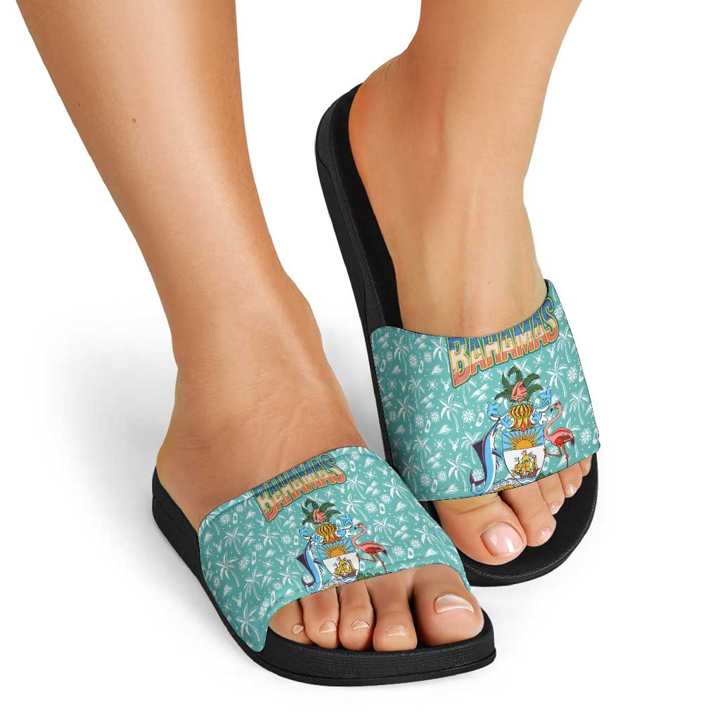 Bahamas Christmas Slide Sandals with Teal Palm Pattern Carnival Santa and National Emblem Motif - Wonder Print Shop