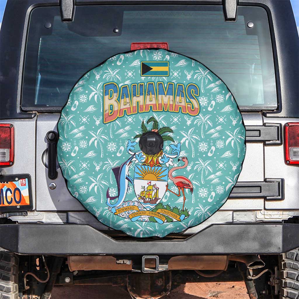 Bahamas Christmas Spare Tire Cover with Teal Palm Pattern Carnival Santa and National Emblem Motif - Wonder Print Shop