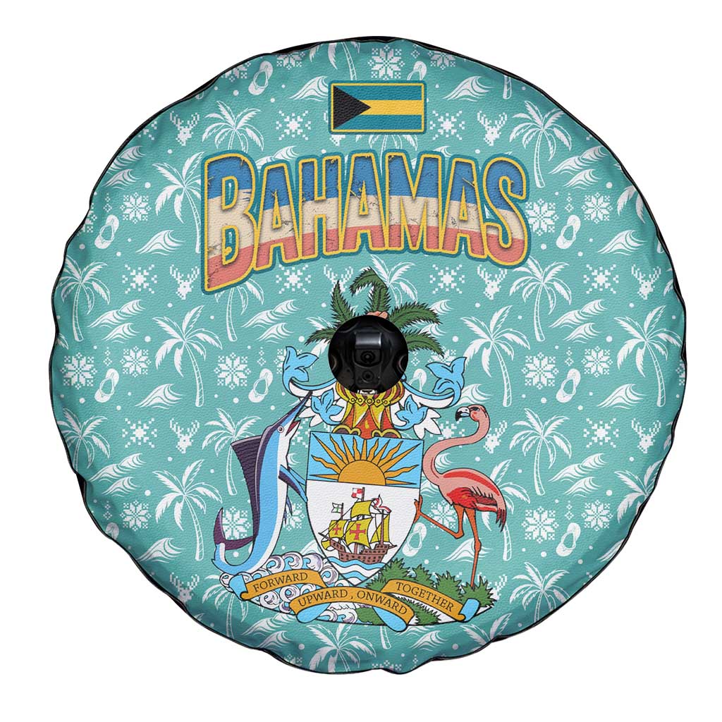 Bahamas Christmas Spare Tire Cover with Teal Palm Pattern Carnival Santa and National Emblem Motif - Wonder Print Shop